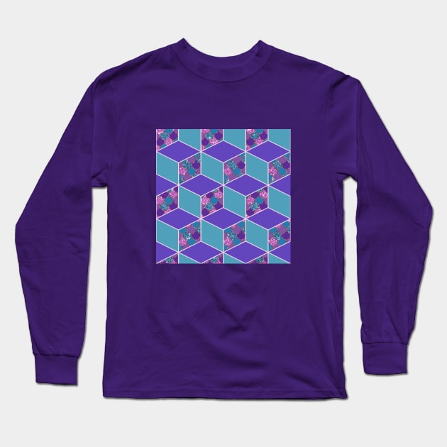 Mermaid Scale Purple and Teal Cubed Geometric Pattern Long Sleeve T-Shirt by SeaChangeDesign